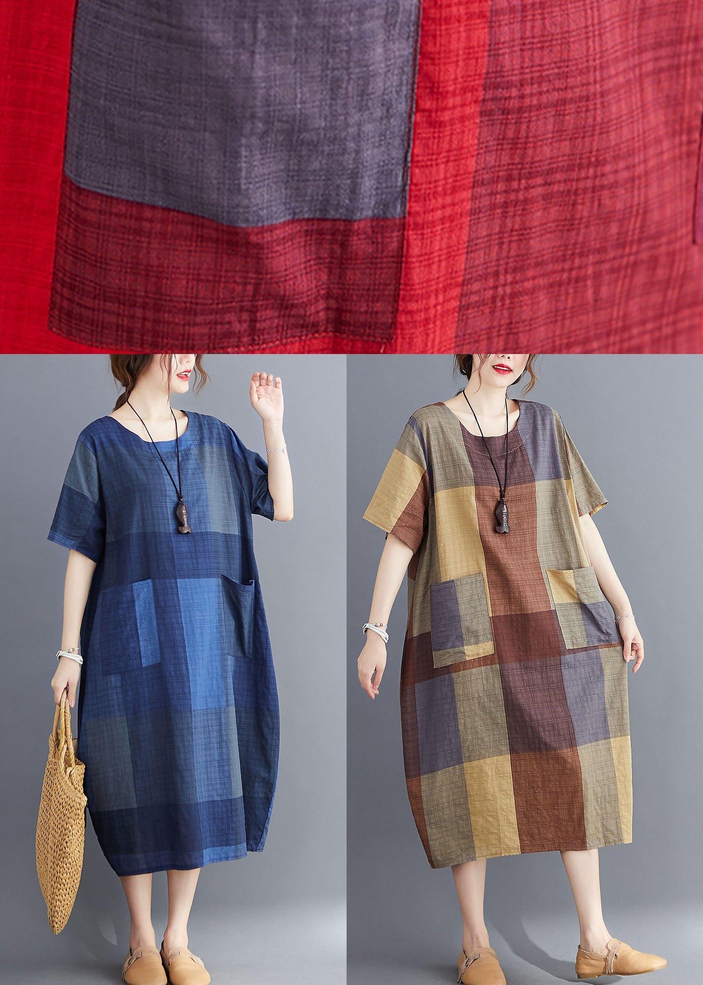 Plus Size Corron Linen Red O Neck Plaid Summer Maxi Dresses