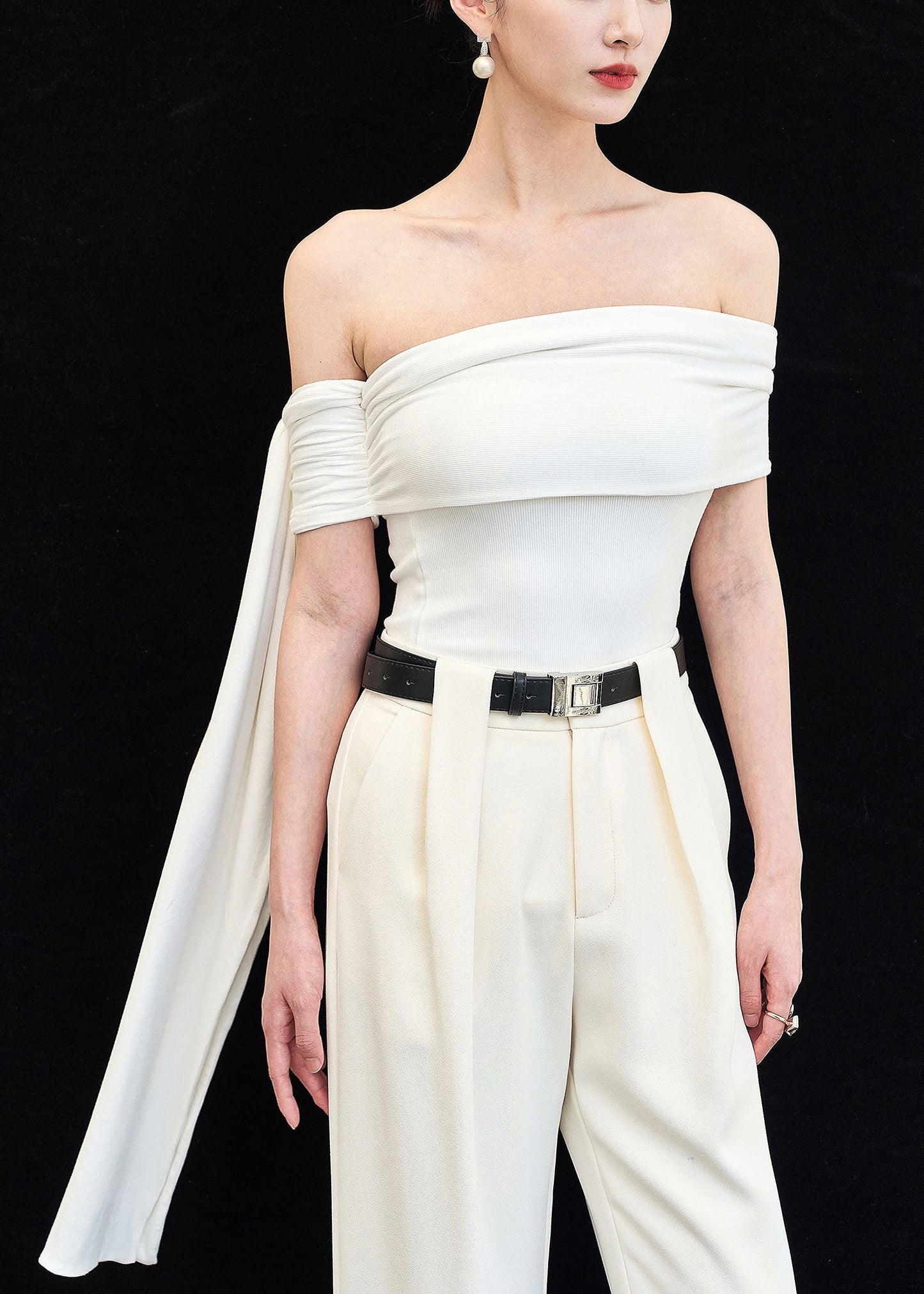 Slim Fit White Slash Neck Solid Cotton Tops Sleeveless
