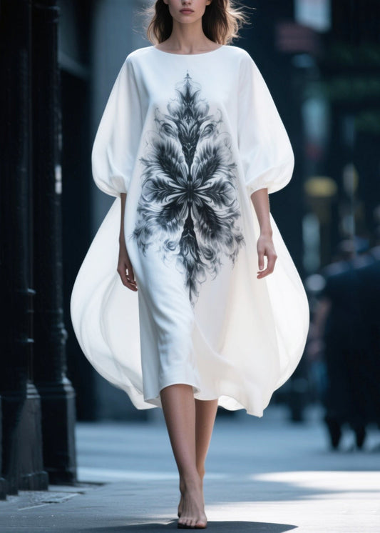 Women White Oversized Print Chiffon Vacation Dresses Puff Sleeve