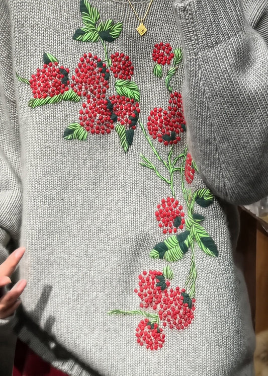 Style Grey O-Neck Embroidered Knit Sweaters Fall