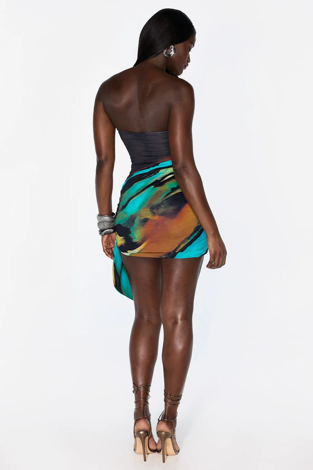 Art Print Strapless Side Draped Bodycon Mini Skirt