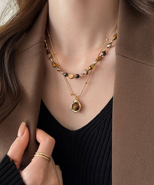 Fashion Gold Copper Overgild Tiger Eye Stone Beading Pendant Necklace Two Piece Set