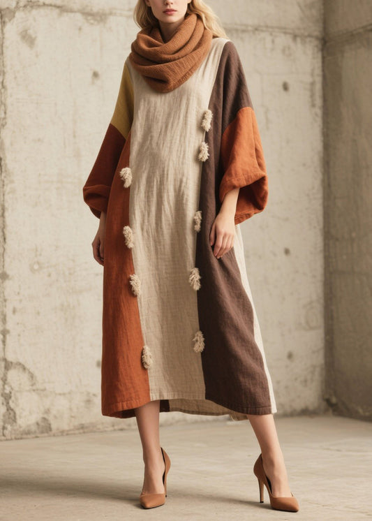 Bohemian Mixed Color Oversized Patchwork Fuzzy Ball Decorated Dress Lantern Sleeve