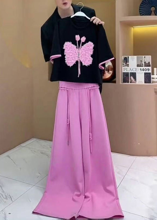 New Black Butterfly T Shirt And Pink Pants Cotton Two-Piece Set Summer