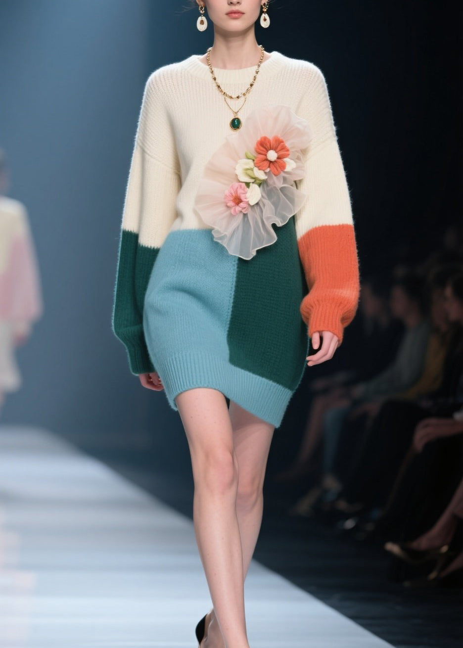 Plus Size Colorblock O Neck Floral Knit Sweaters Dress Fall