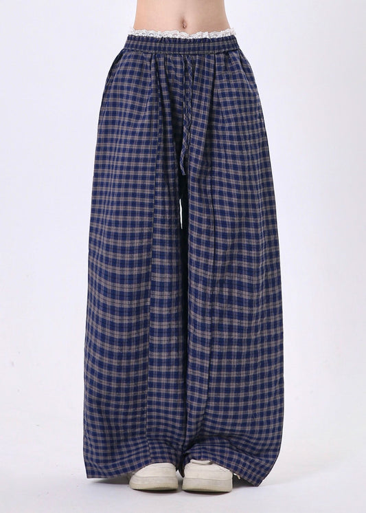 Unique Yellow Plaid Lace Patchwork Cotton Wide Leg Pants Spring