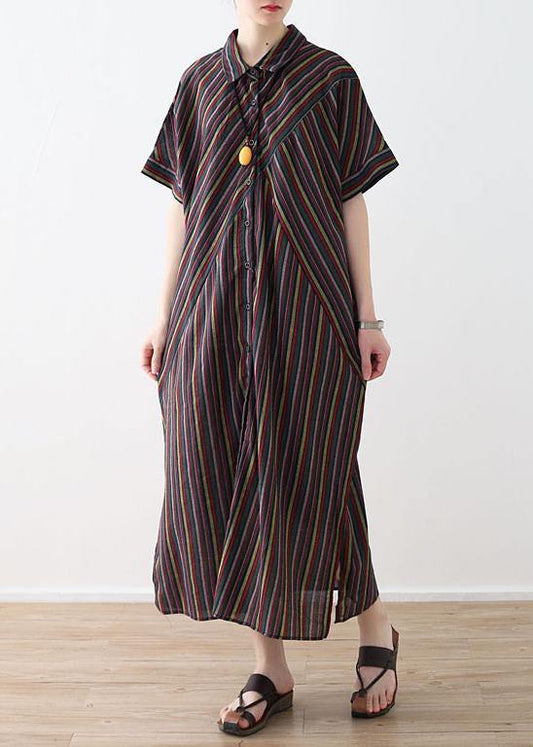 Italian yellow green linen dresses lapel collar Art summer shirt Dress