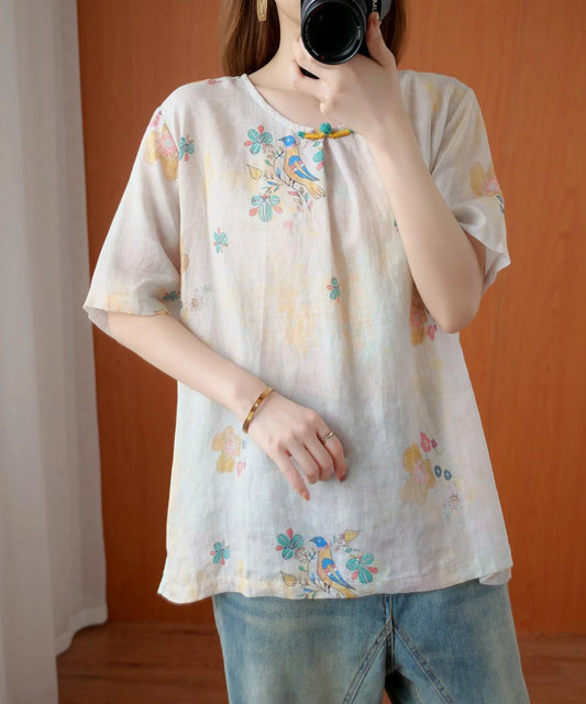 Women beige gray print women blouses o neck silhouette top