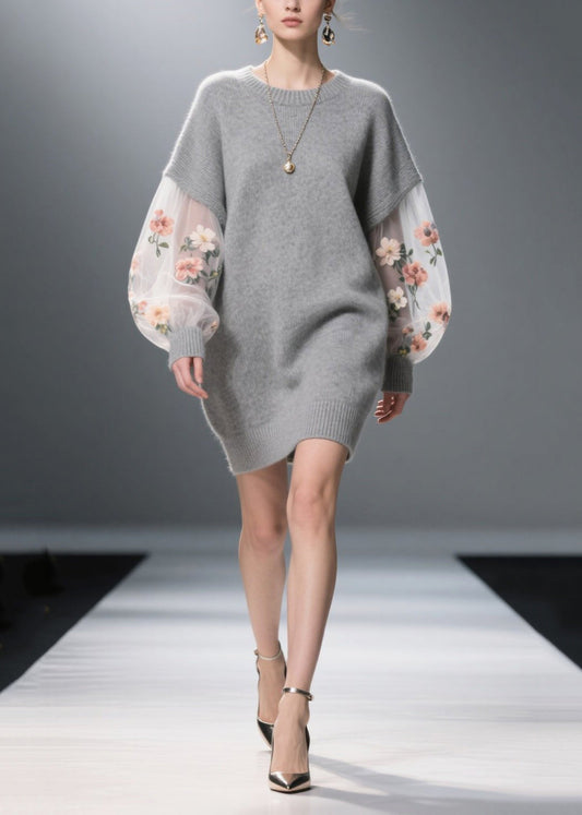 Unique Grey Daisy Patchwork Tulle Long Sweater Fall