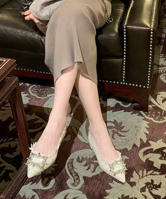 Beige French Zircon Splicing Flat Feet Shoes Pointed Toe