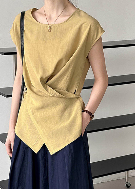 Natural White O-Neck Wrinkled Top Summer