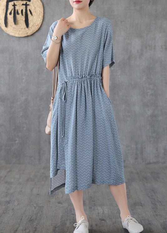 Elegant o neck asymmetric cotton linen dresses Catwalk khaki print Dresses summer