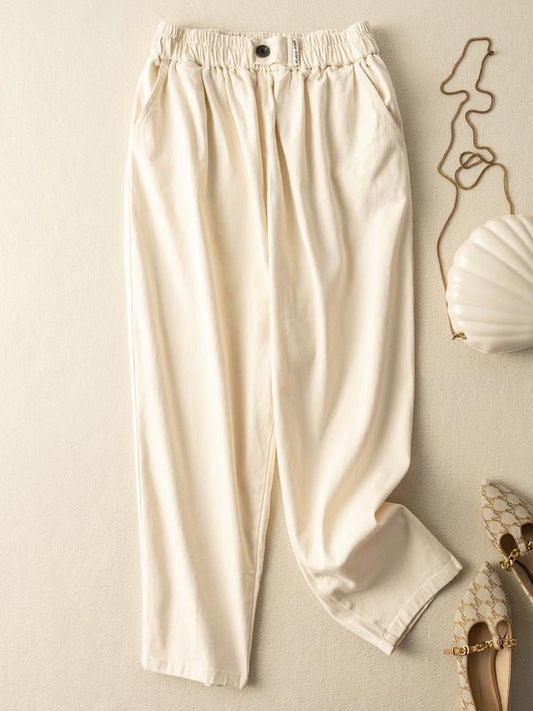 100% Natural Fabric Buckle Waist Casual Harem Pants With Pocket
