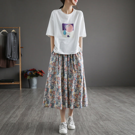 Literary Pleated Elastic Waist Floral A-Line Skirt