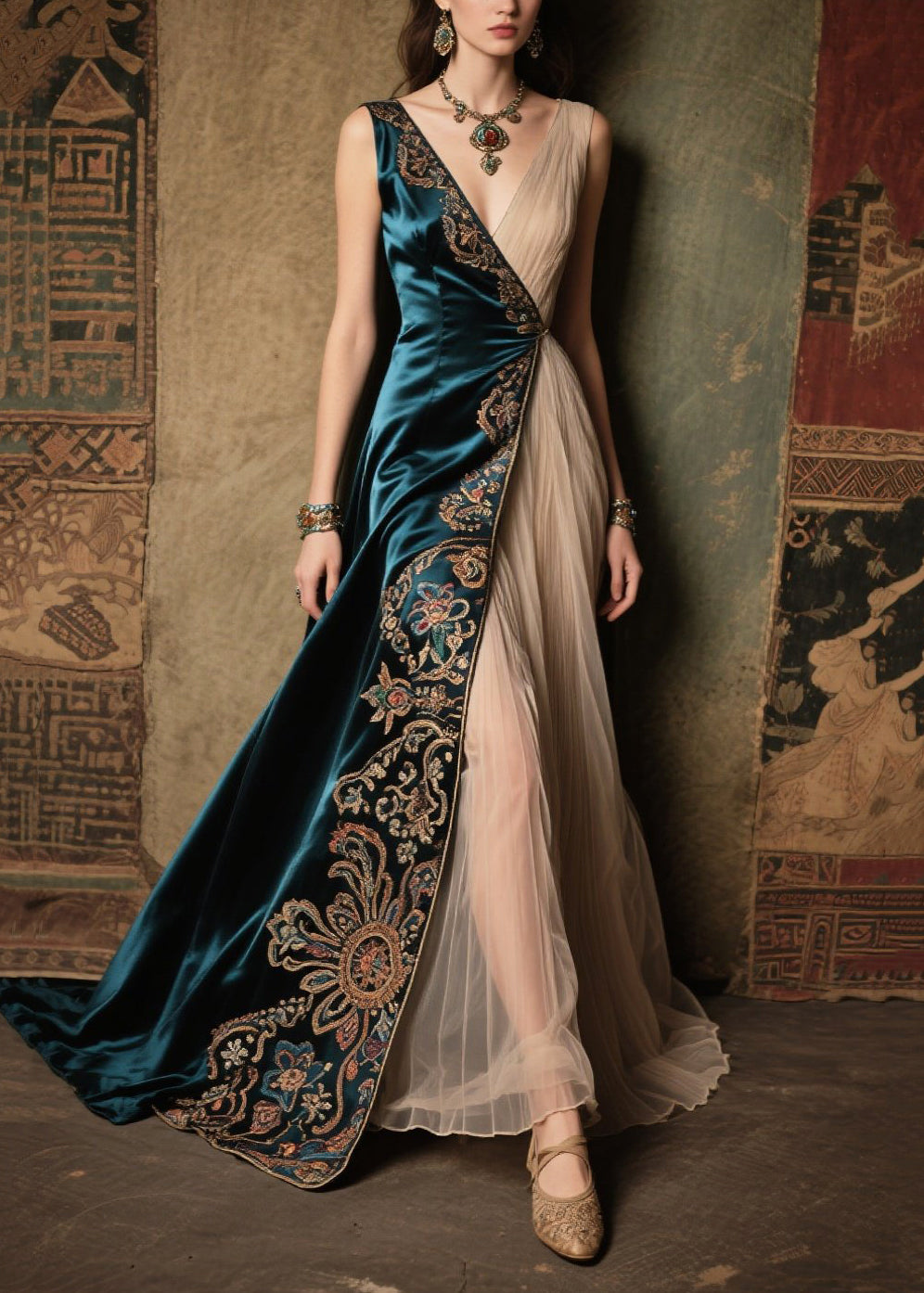 Bohemian Peacock Blue Jacquard Tulle Patchwork Silk Dress Summer
