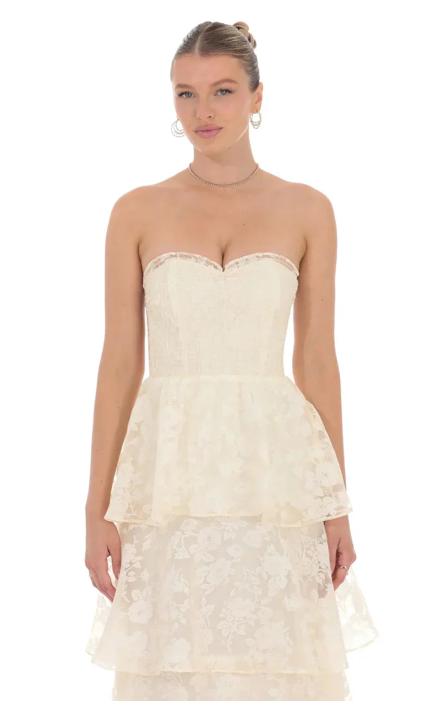 Floral Smocked Ruffle Maxi Dress In Cream