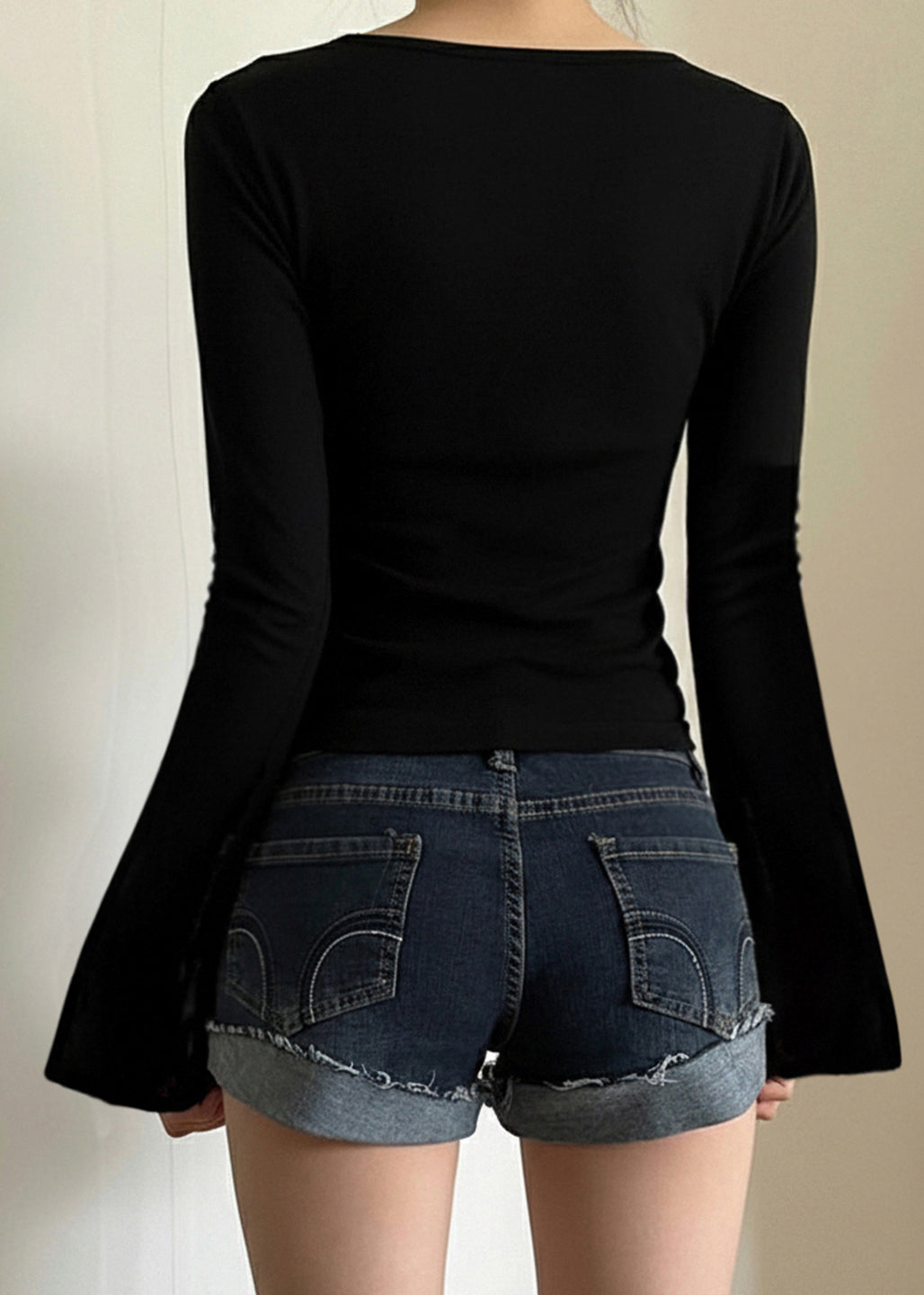 Loose Black V Neck Lace Solid Cotton T Shirts Flare Sleeve