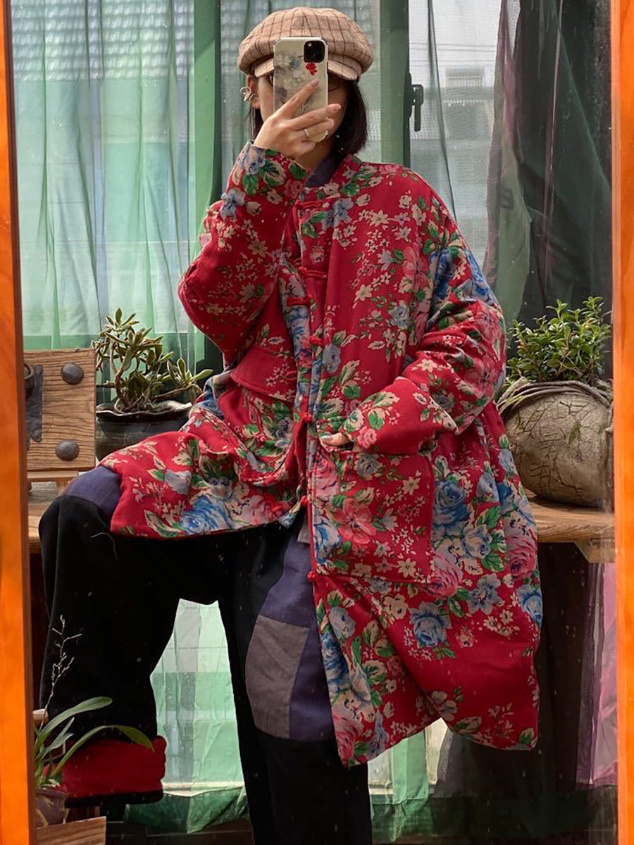 Oversize Women Pockets Print Cotton Coat