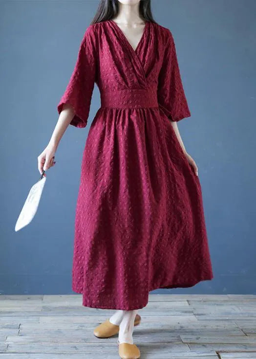 Chic v neck tie waist linen clothes For Women Runway burgundy Dress