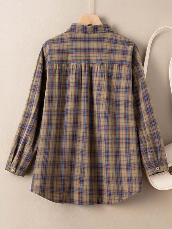 Women's Natural Fabric Plaid Front Artsy Style Blouse