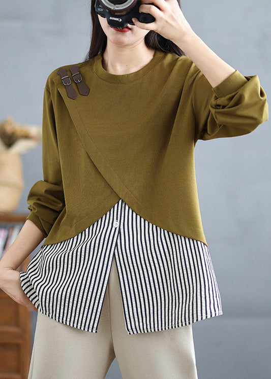 Beautiful Green O Neck Patchwork False Two Pieces Cotton Top Spring