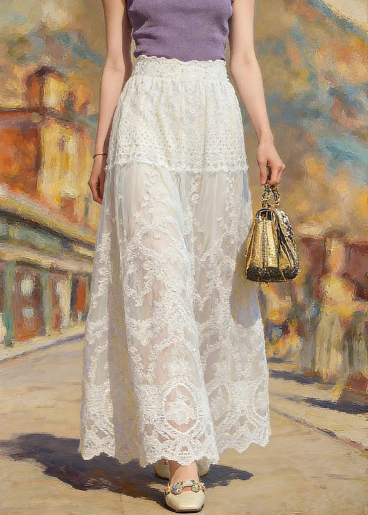 Classy Apricot Patchwork Elastic Waist Lace A Line Skirt Summer