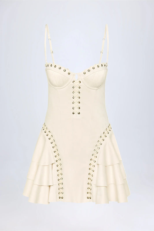 Lace-Up Tiered Corset Mini Dress in Ivory