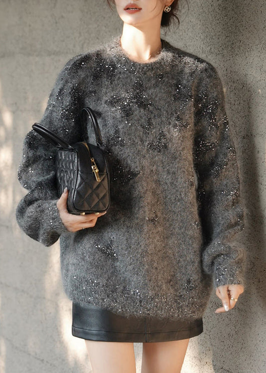 Casual Grey Sequins Cozy Thick Knit Sweaters Winter