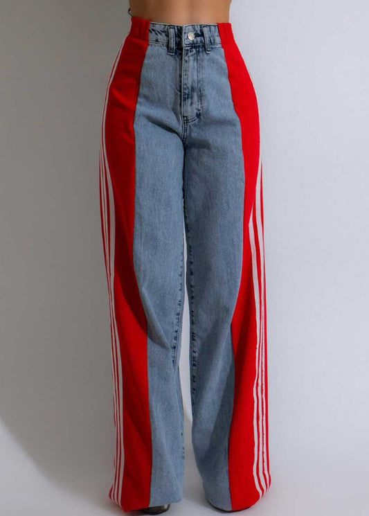 Stylish Black Striped Patchwork Denim Pants Spring