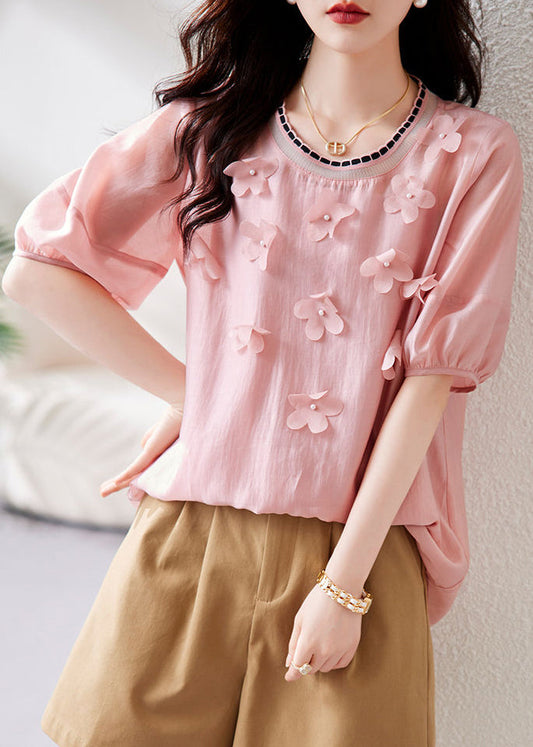 Elegant Pink Floral Knit Patchwork Chiffon Shirt Summer