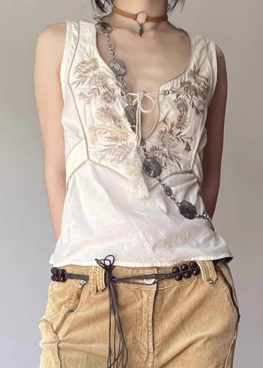 DIY White Embroidered Patchwork Cotton Vests Summer