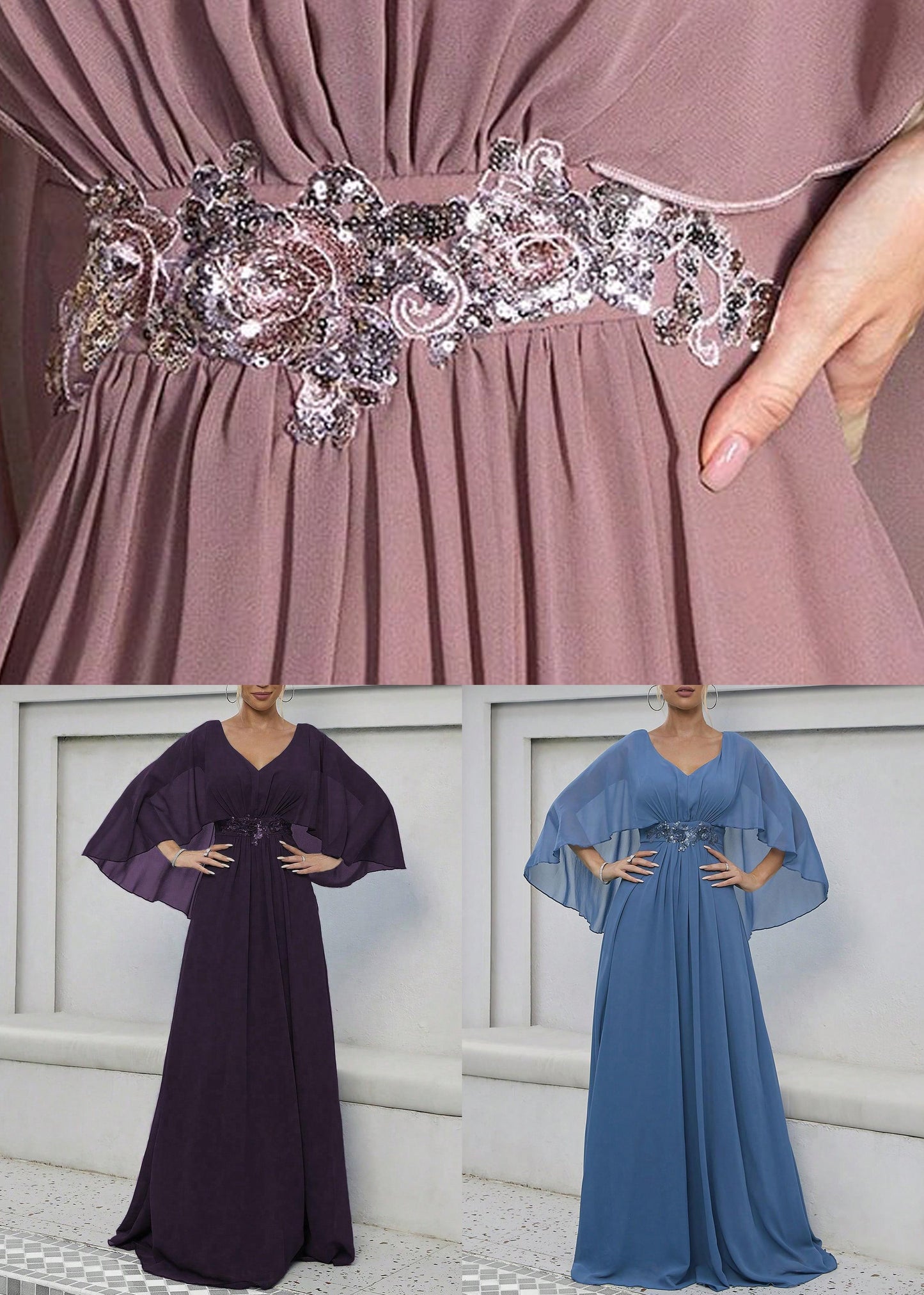 Elegant Dark Purple Sequins High Waist Maxi Dress Batwing Sleeve