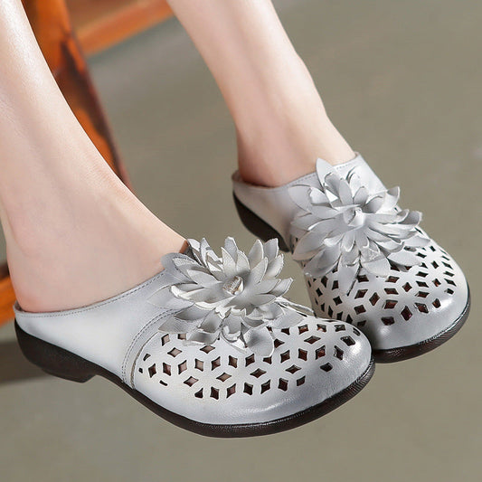 Women 2022 Hollow Leather Floral Casual Slippers