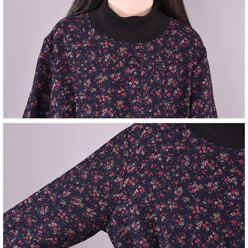 Winter Korean Style High-neck Plush Floral Dress