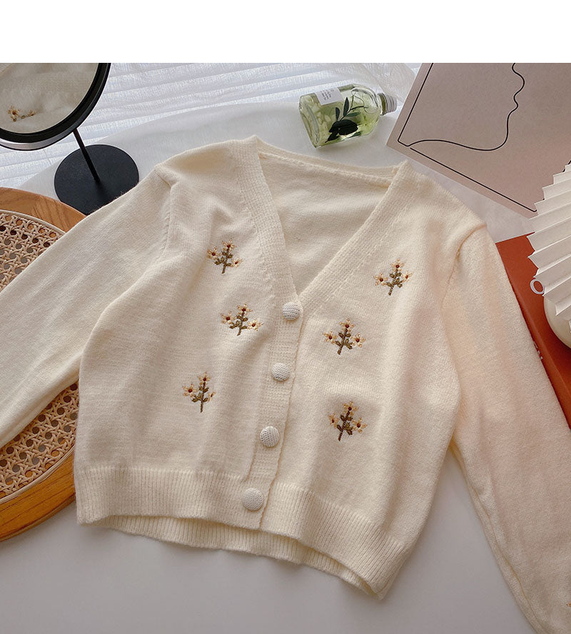 Floral embroidery V-neck short long sleeve jacket 5849