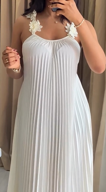 Fairy Style White Floral Embellished Spaghetti Strap Backless Pleated Flowy Maxi Dress