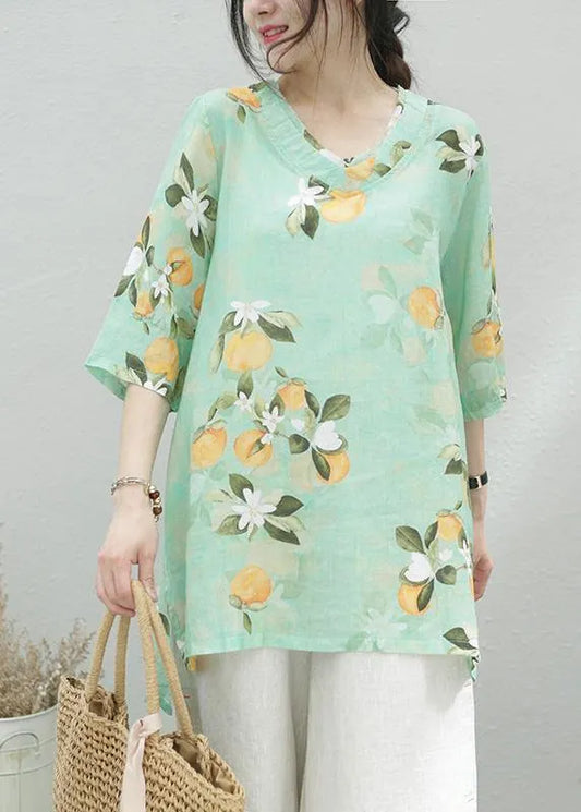 Women green print linen tunic top o neck half sleeve oversized summer shirt