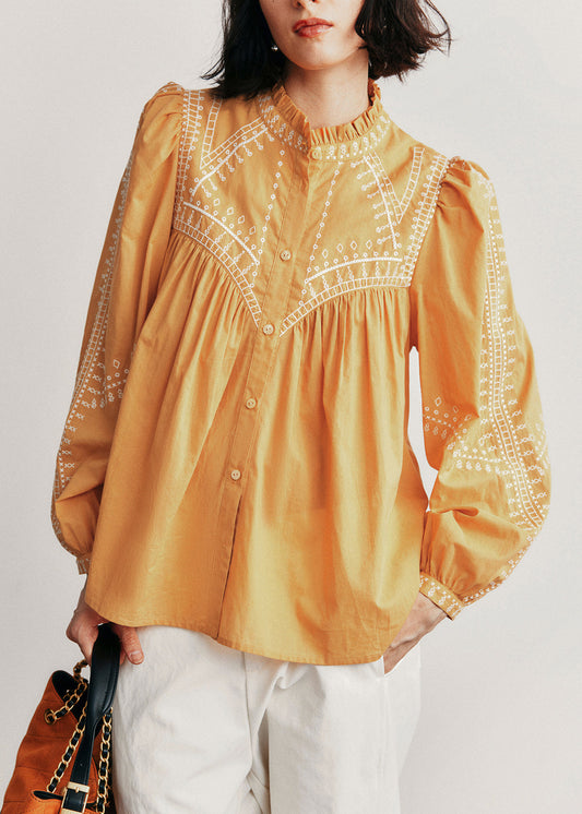 New Blue Ruffled Button Patchwork Cotton Shirts Top Fall