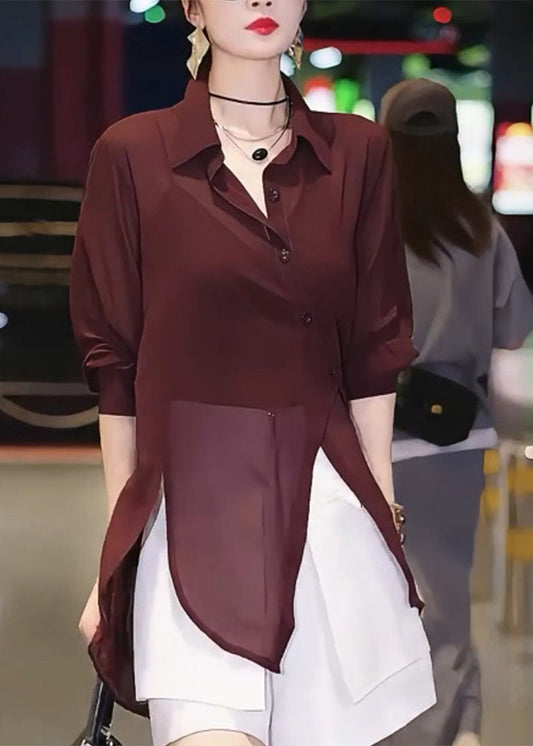 Italian Mulberry Asymmetrical Patchwork Chiffon Shirts Summer