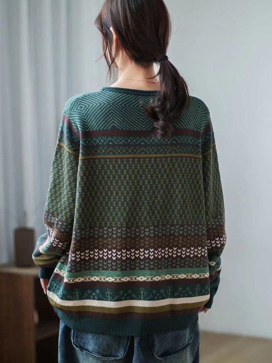 Women Autumn Spliced Casual Loose Sweater