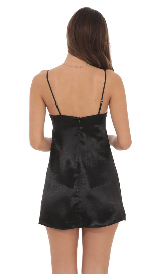 Satin Pearl Neckline Dress in Black