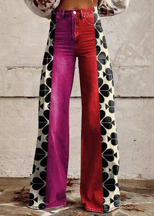 Chic Rose Print Pockets High Waist Denim Pants Spring