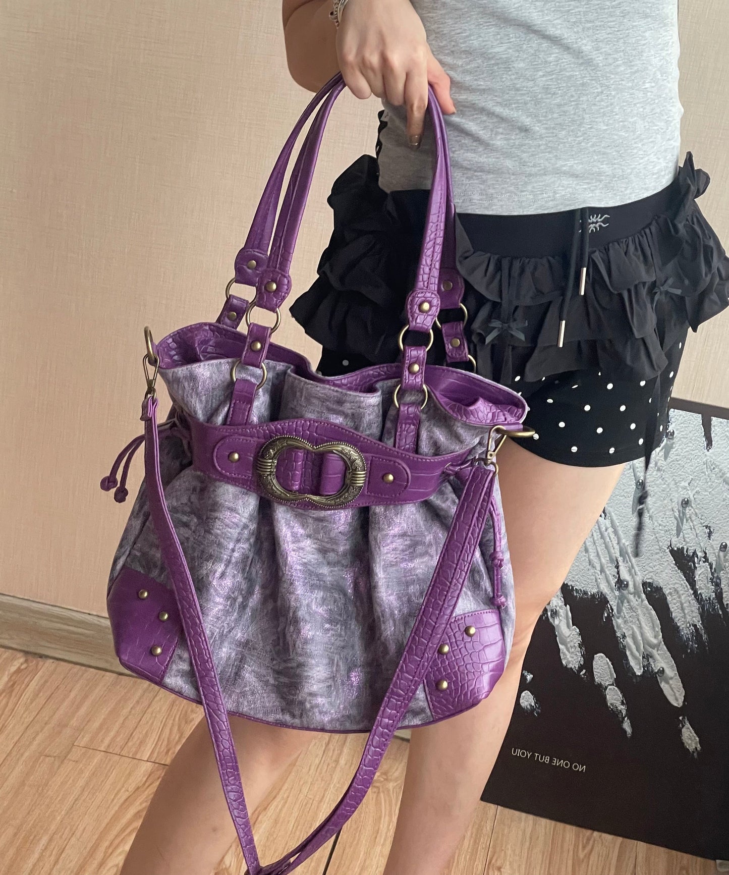 Stylish Purple Drawstring Faux Leather Pouch Bag