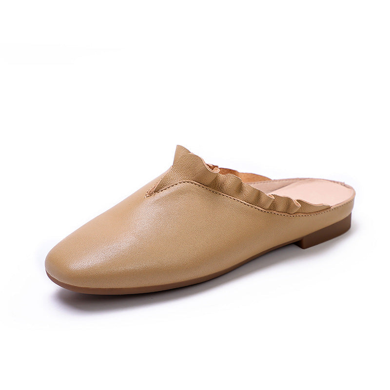 Women Summer Vintage Leather Ruffle Trim Casual Slippers