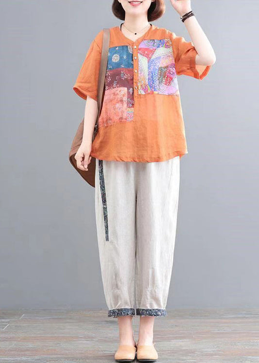 Italian Orange Oversized Print Linen Two Pieces Set Summer