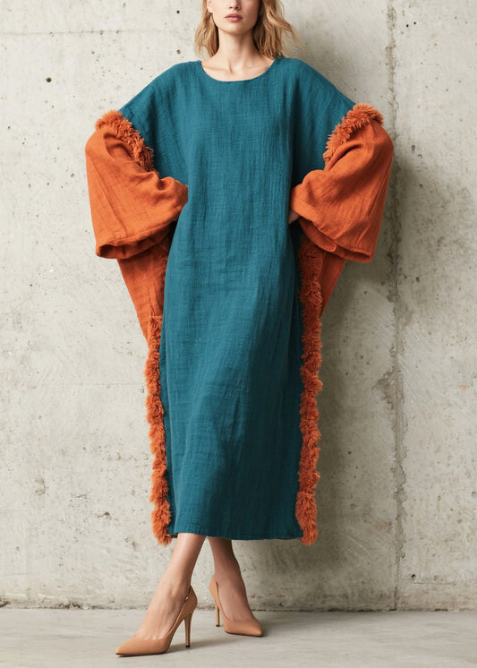 Vintage Peacock Blue Oversized Patchwork Faux Fur Dresses Fall