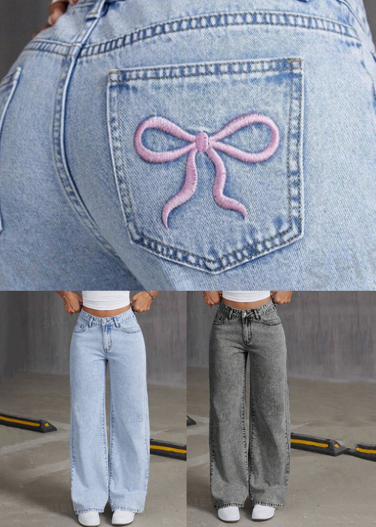 French Blue Pockets Patchwork Wide Leg Denim Pants Fall