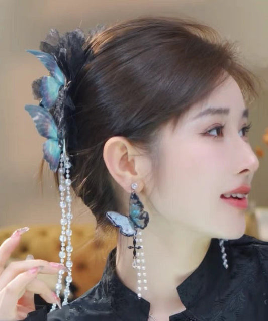 Classy Blue Zircon Fabric Pearl Tassel Hairpin