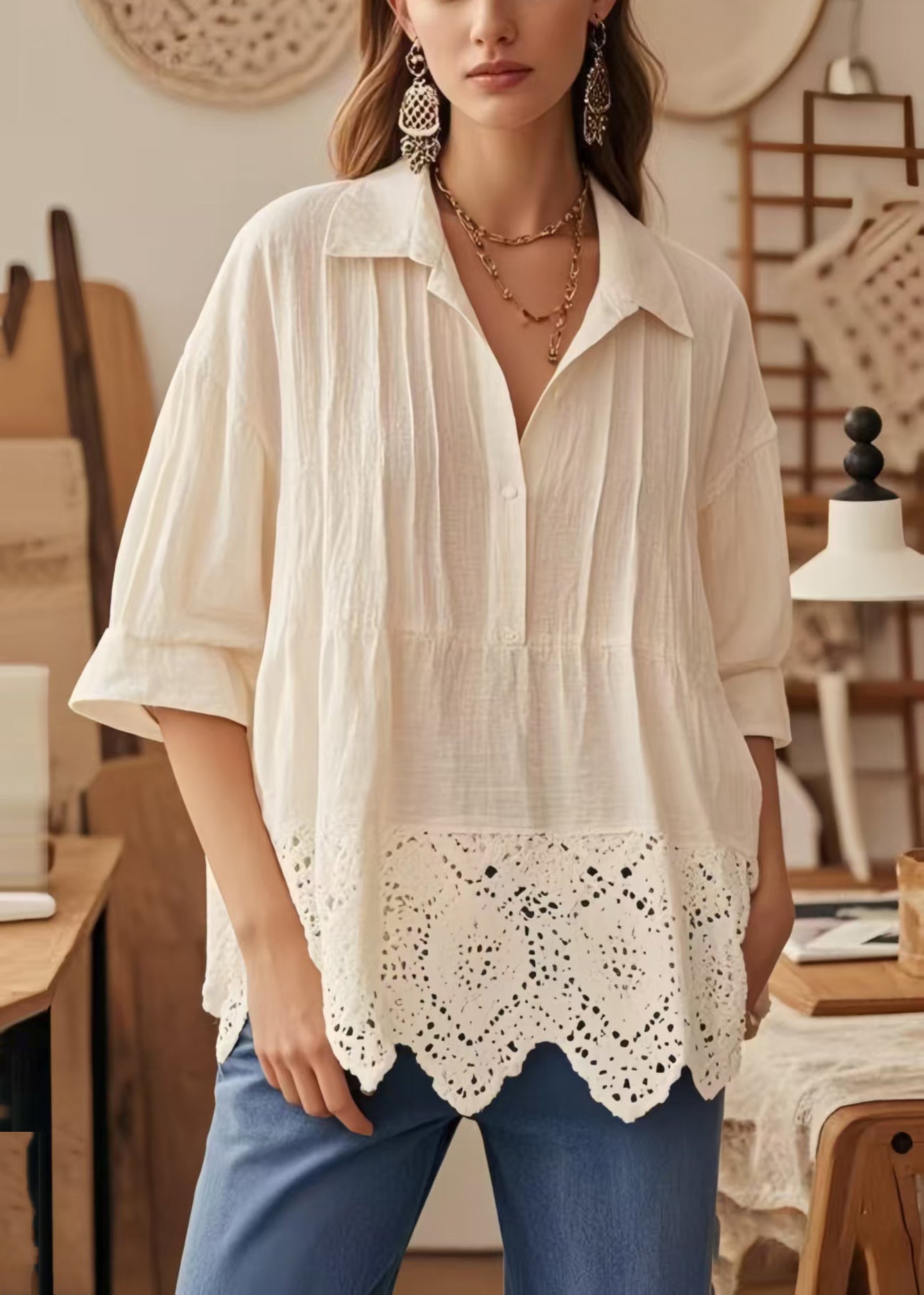 Chic Apricot Oversized Patchwork Lace Blouse Top Half Sleeve
