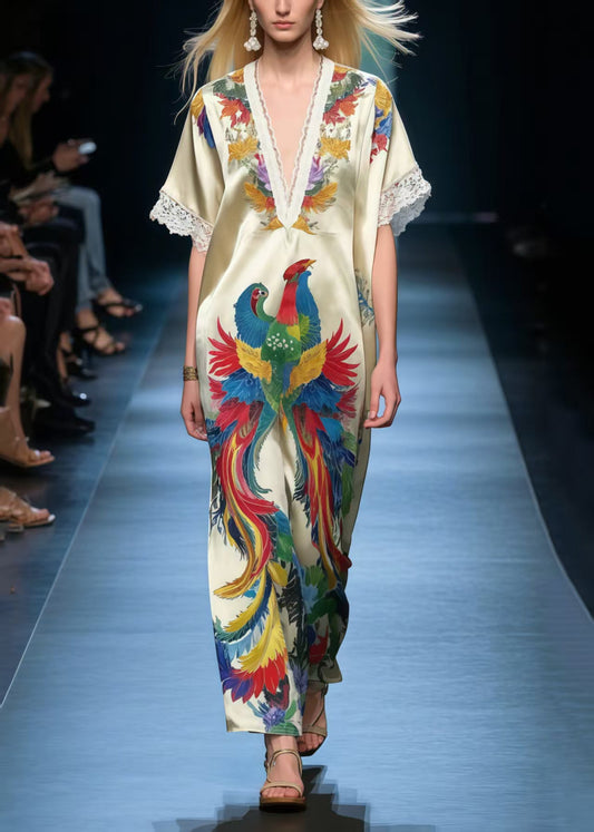 Stylish Apricot Phoenix Print Silk Vacation Dress Summer